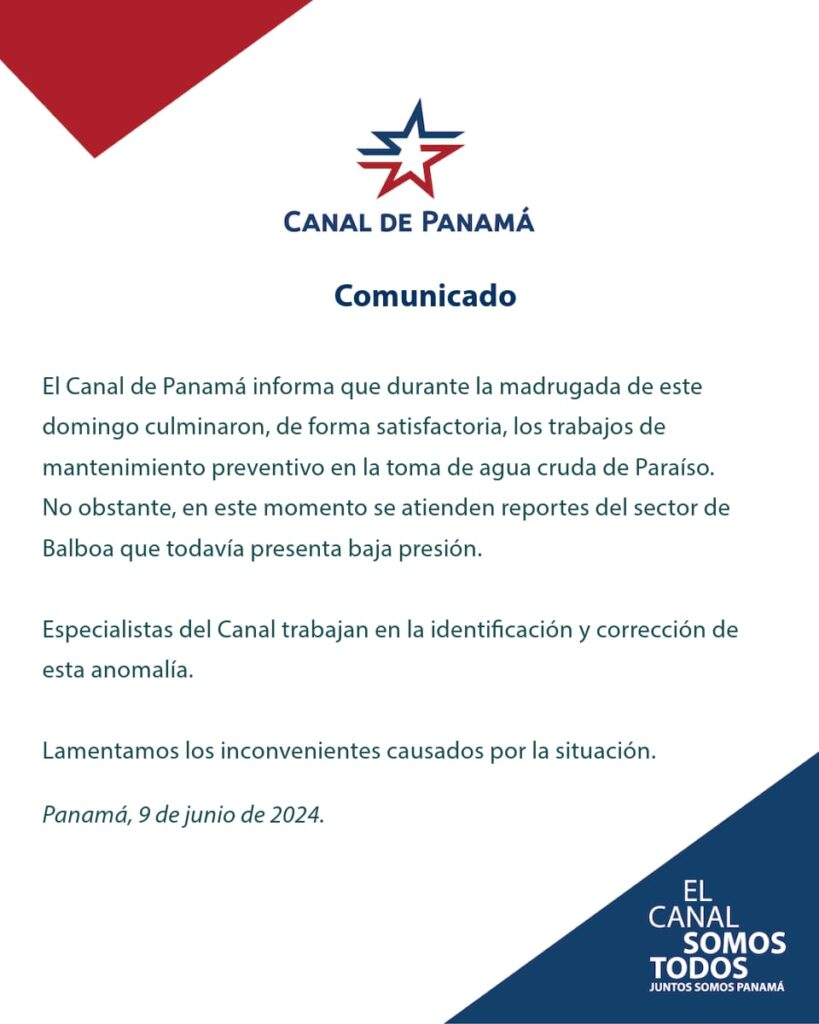 Canal de Panamá informa sobre reparación de línea de suministro.